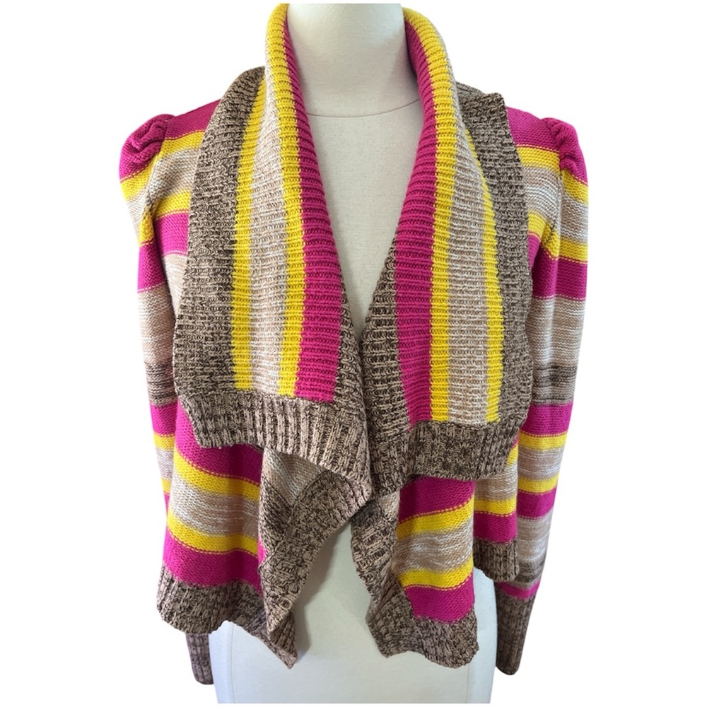 Poof Excellence Brown,White Bright Pink & Yellow Stripe Open Knit Cardigan